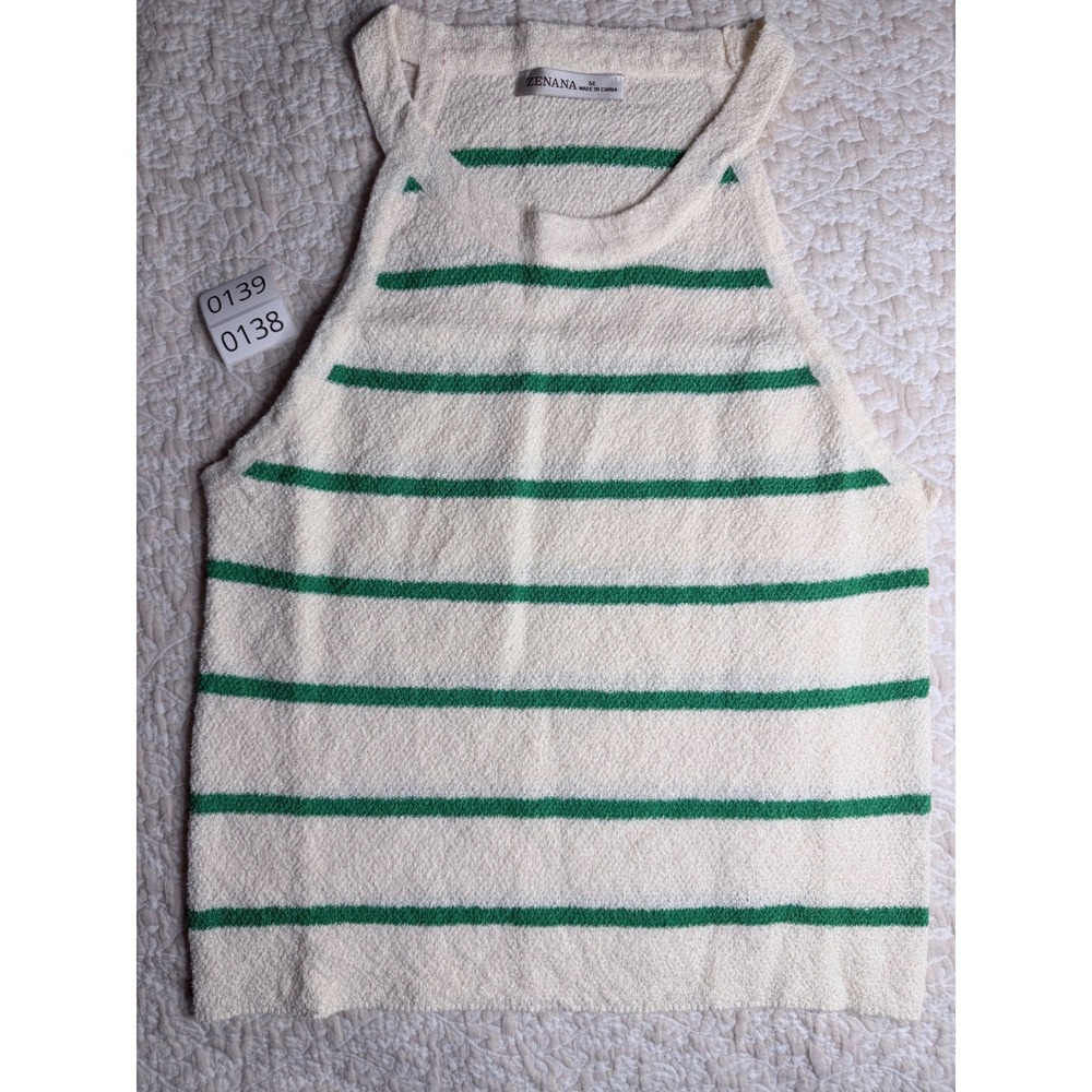 Zenana Women Cream Green Striped Knit Tank Top High Neck Sleeveless Size M